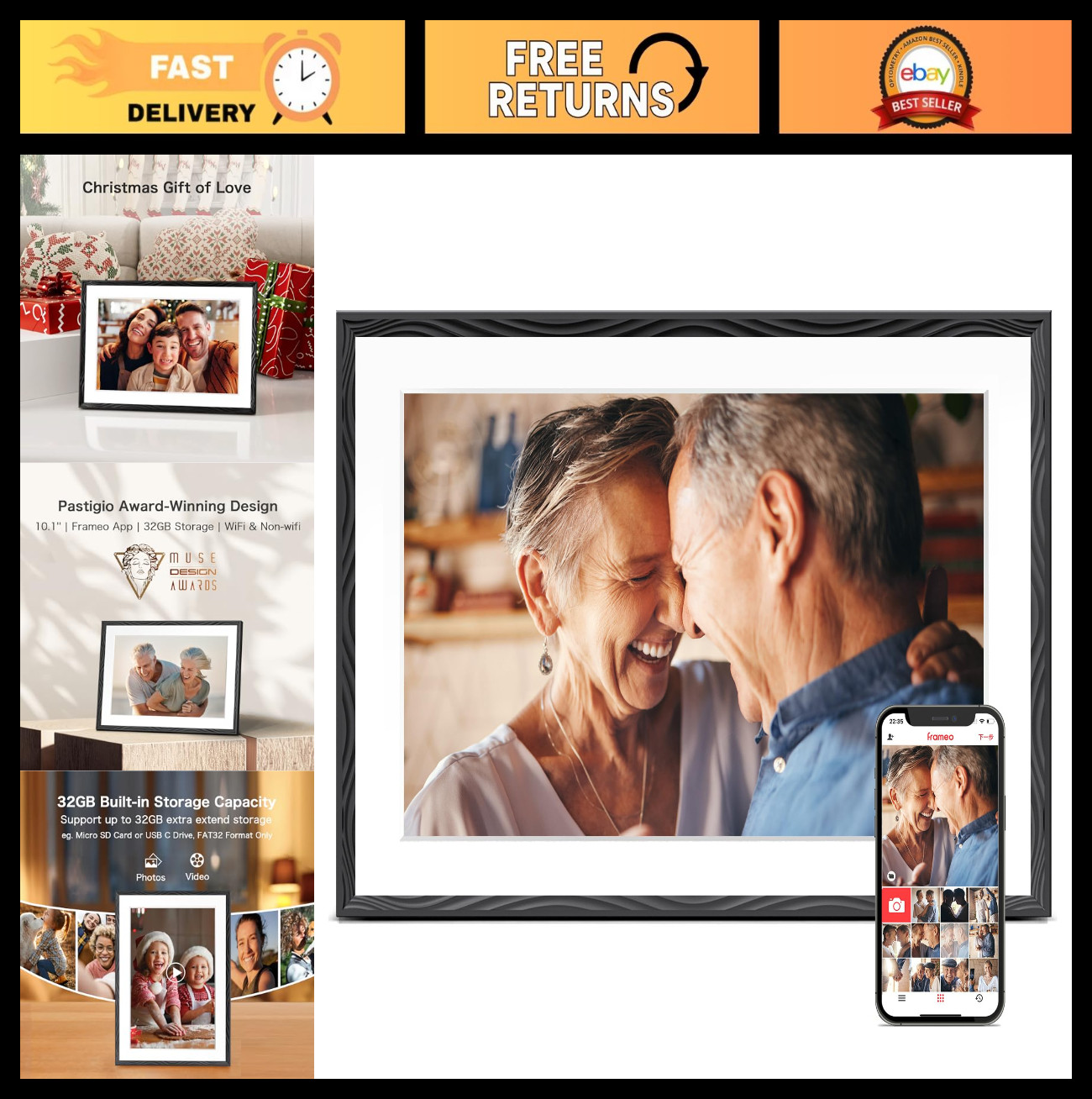 10.1" WiFi Digital Picture Frame, 32GB Memory, HD Touch Screen, Auto-Rotate, Wal