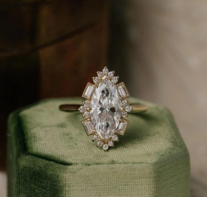 Art Deco Marquise Cut Moissanite Halo Engagement Ring Vintage Style Wedding Ring