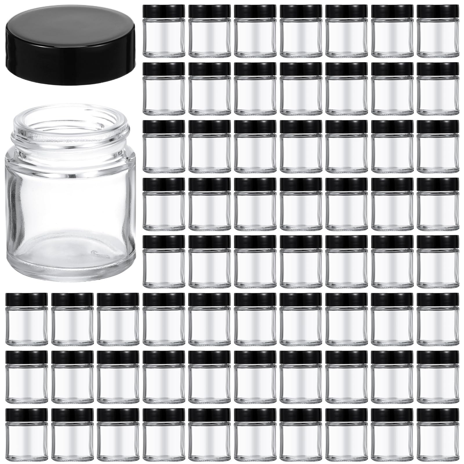 Aoriher 60 Pieces Glass Jars with Lids Clear Small 1 oz, clear and black 