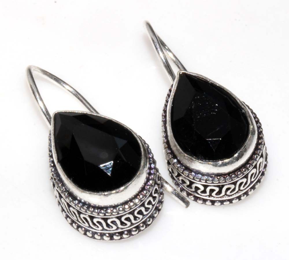925 Silver Plated Vintage Black Onyx Earrings 1.3" Elegant Jewelry MJ