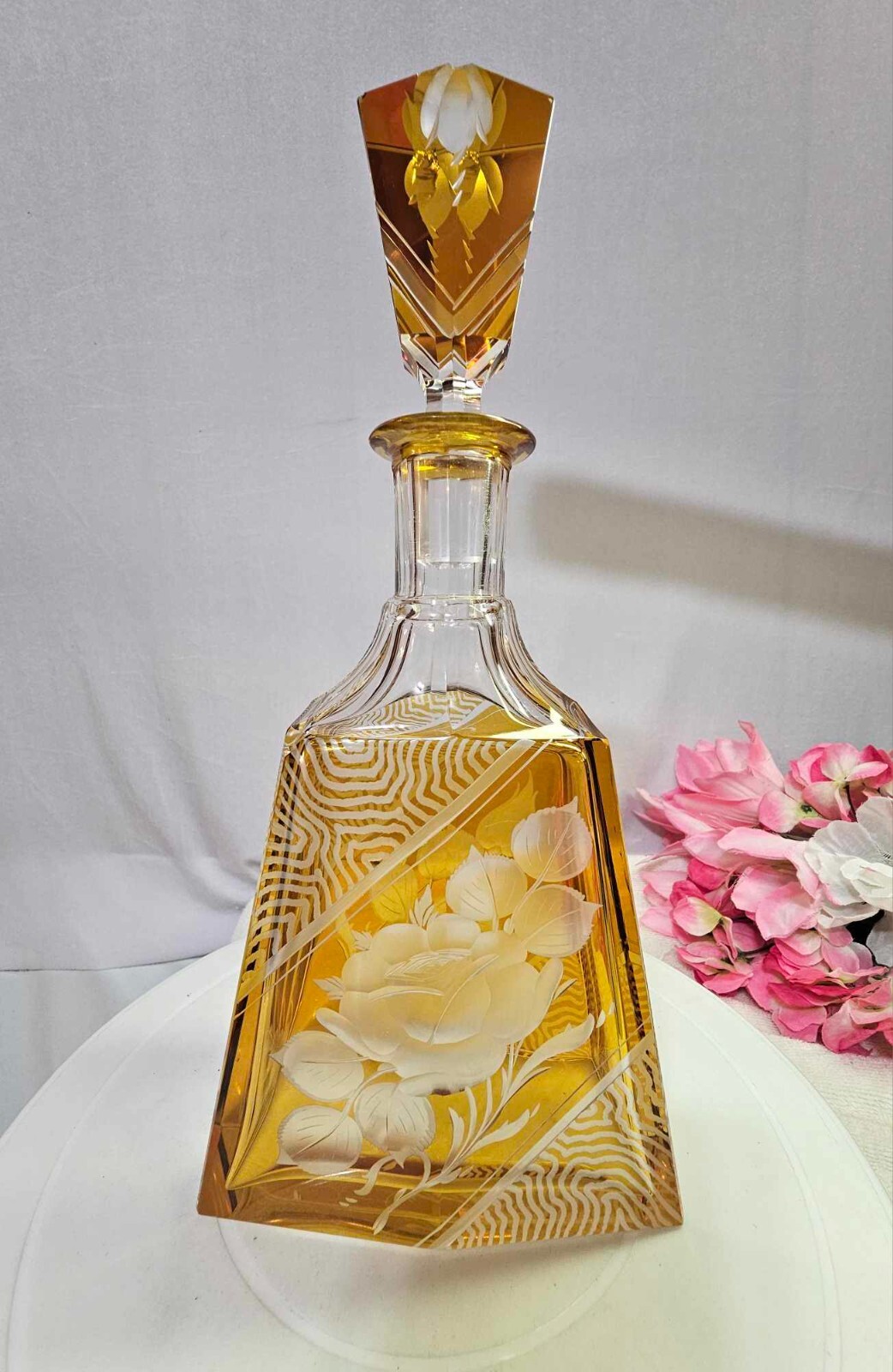 Vtg Bohemian Czech Art Deco Cut to Clear etched rose flower Decanter 11.5"- READ