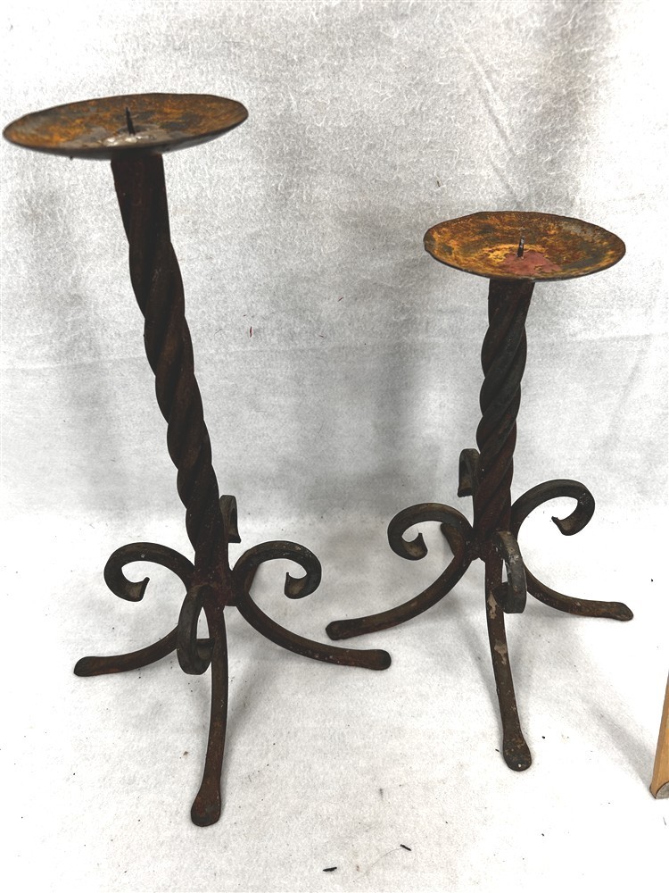 antique candle sticks prickets pair 14 &11 in hand forged early 18th c original 