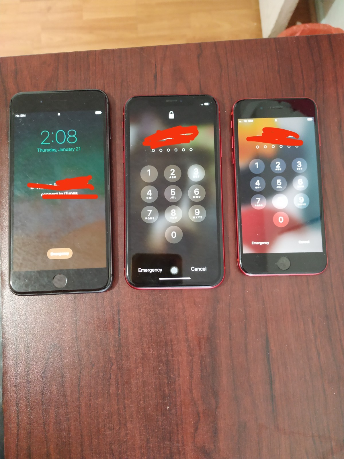 Lot of 3 Apple iPhone SE 2 256GB and XR 64GB Red and 8 Plus 64GB Grey For parts