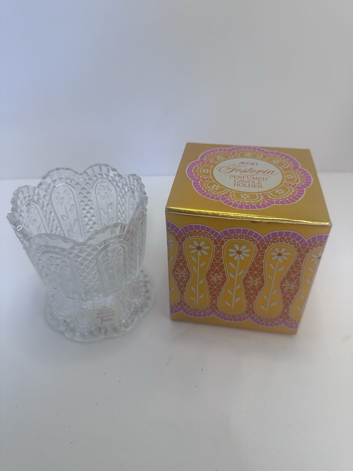 Vintage Avon Fostoria Floral Clear Glass Candle Holder Candy Dish w/ Retro Box