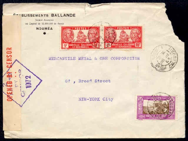 NEW CALEDONIA 1941 CENSORED TO USA