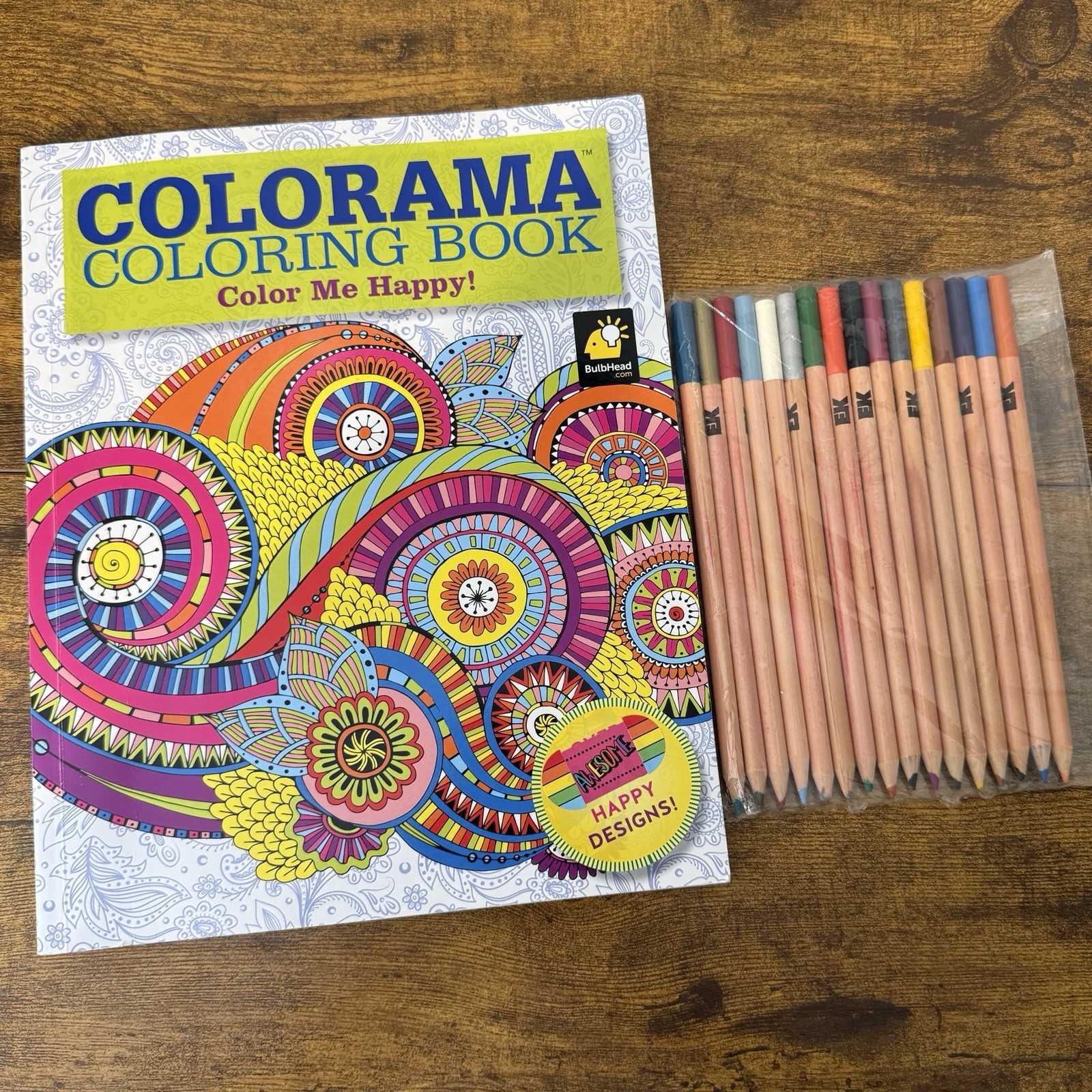 Colorama Adult Coloring Book Color Me Happy 50 Pg Bonus EK 16Pc Color Pencil Set