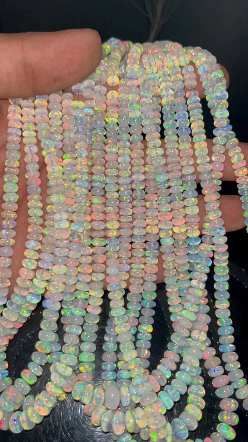 AAA Ethiopian White Opal Beads 5-7mm Smooth Rondelle Natural Red Fire 16" Strand