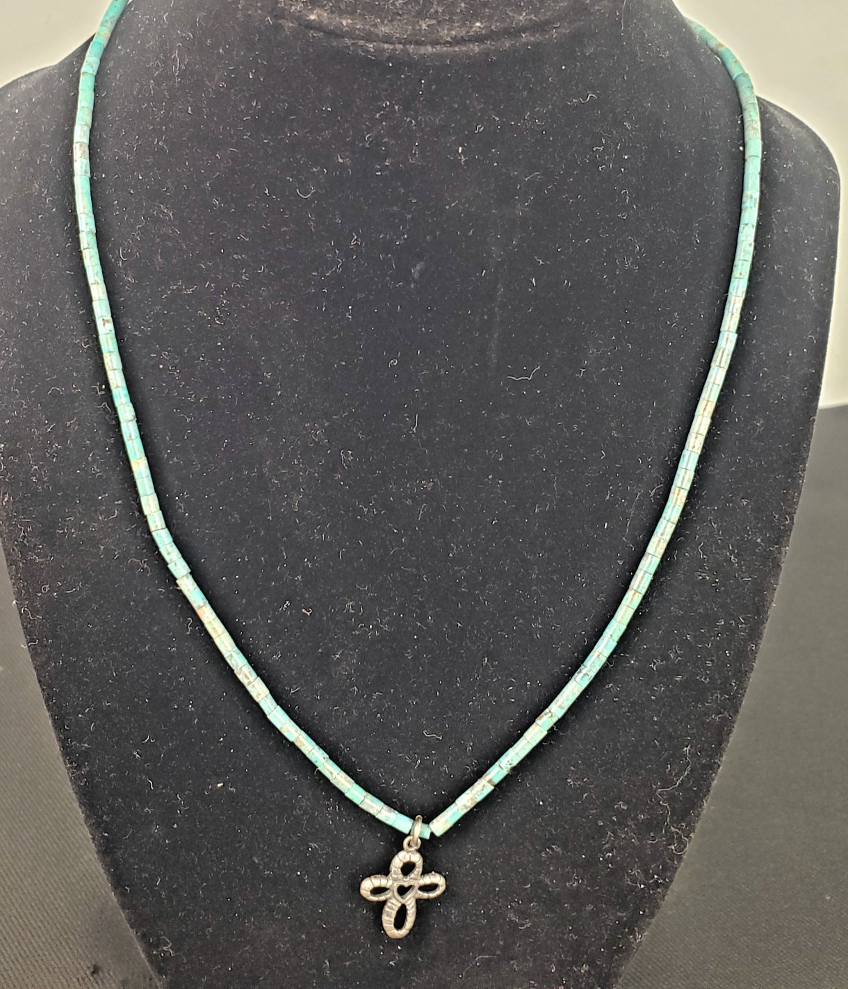 Vintage Oster 925 Sterling Silver Turquoise Necklace 20" w/Sterling Silver Cross
