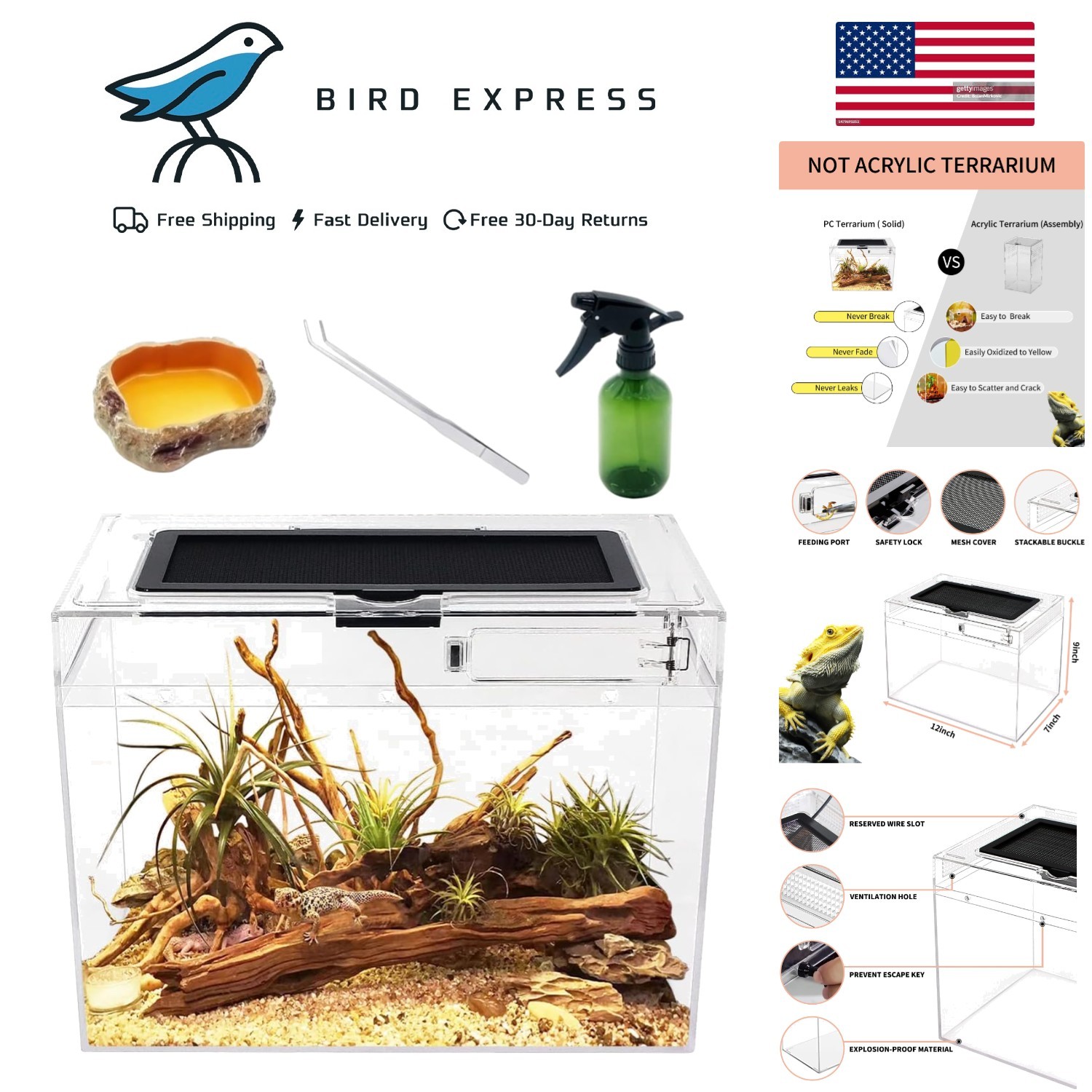 Mini Reptile Terrarium 12x7x9in Polycarbonate Tank Reptiles, Insects, Small Pets