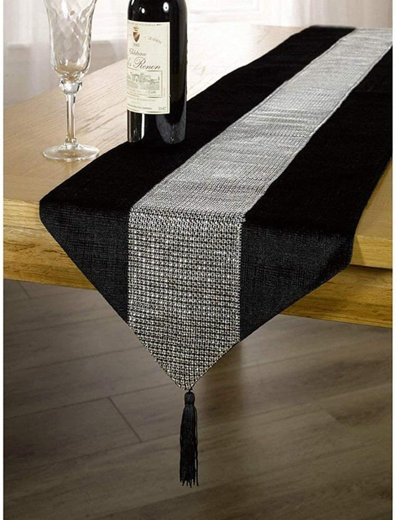 13Inch X 72Inch Table Runner with Diamante Strip and Tassels() Black