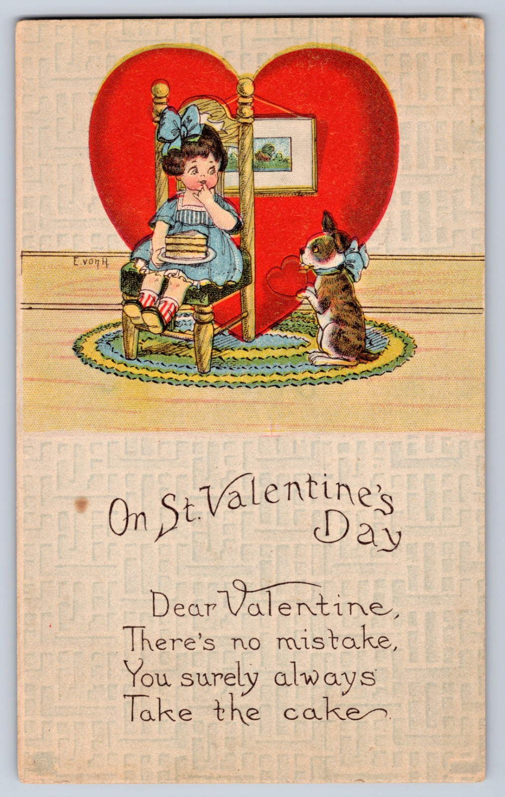 St Valentine's Day Little Girl w Cake & Dog w Heart 1910s Postcard