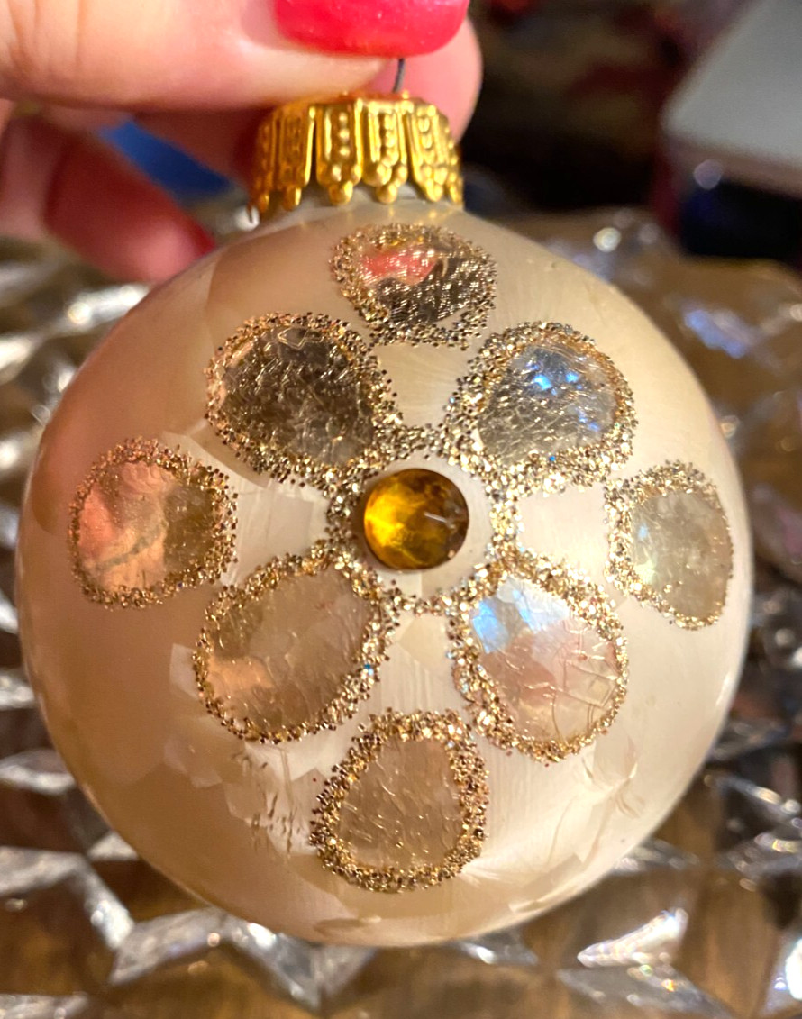 Hand Painted Gold Flower w Gold Rhinestone Center Ball Christmas Ornament 2.5"