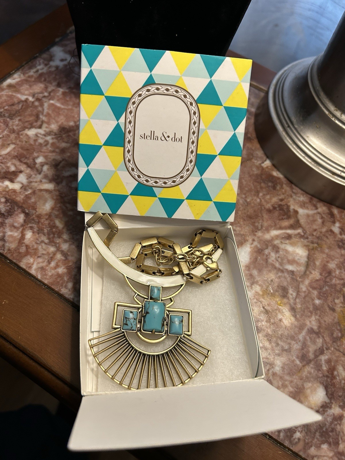 Retired Stella & Dot Egyptian Gold Tone White Enamel 2 Pc Turquoise Necklace