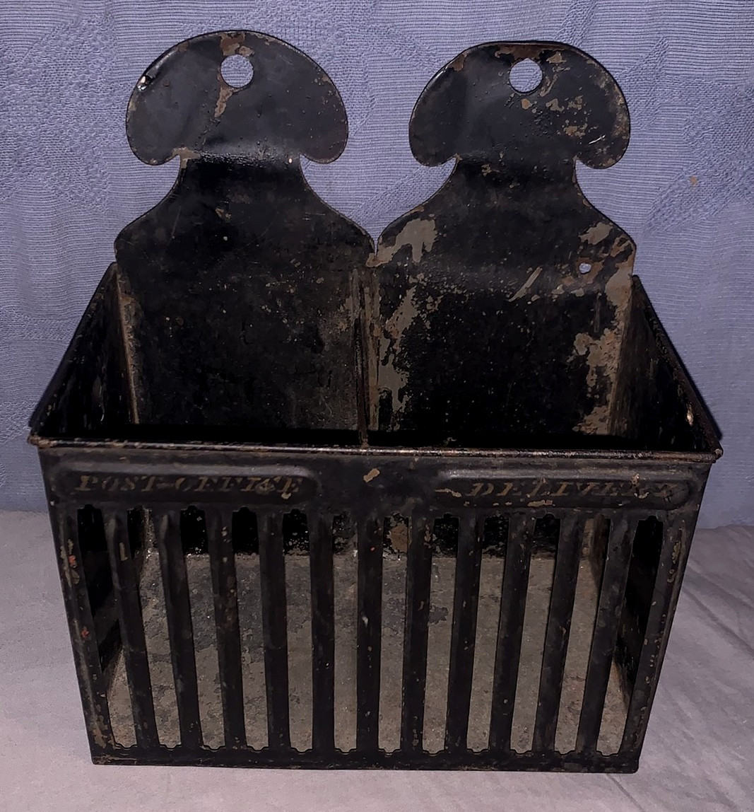 Primitive  Antique  Metal  Wall  Mail Holder  Labeled  Post Office & Delivered