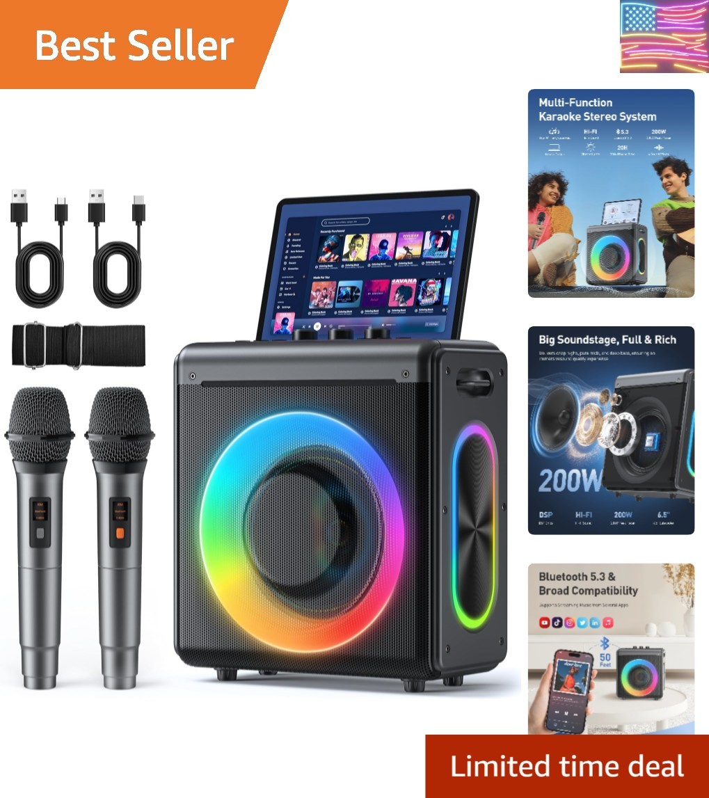 Karaoke Machine with 2 Wireless Rechargeable Microphones: Portable Bluetooth ...