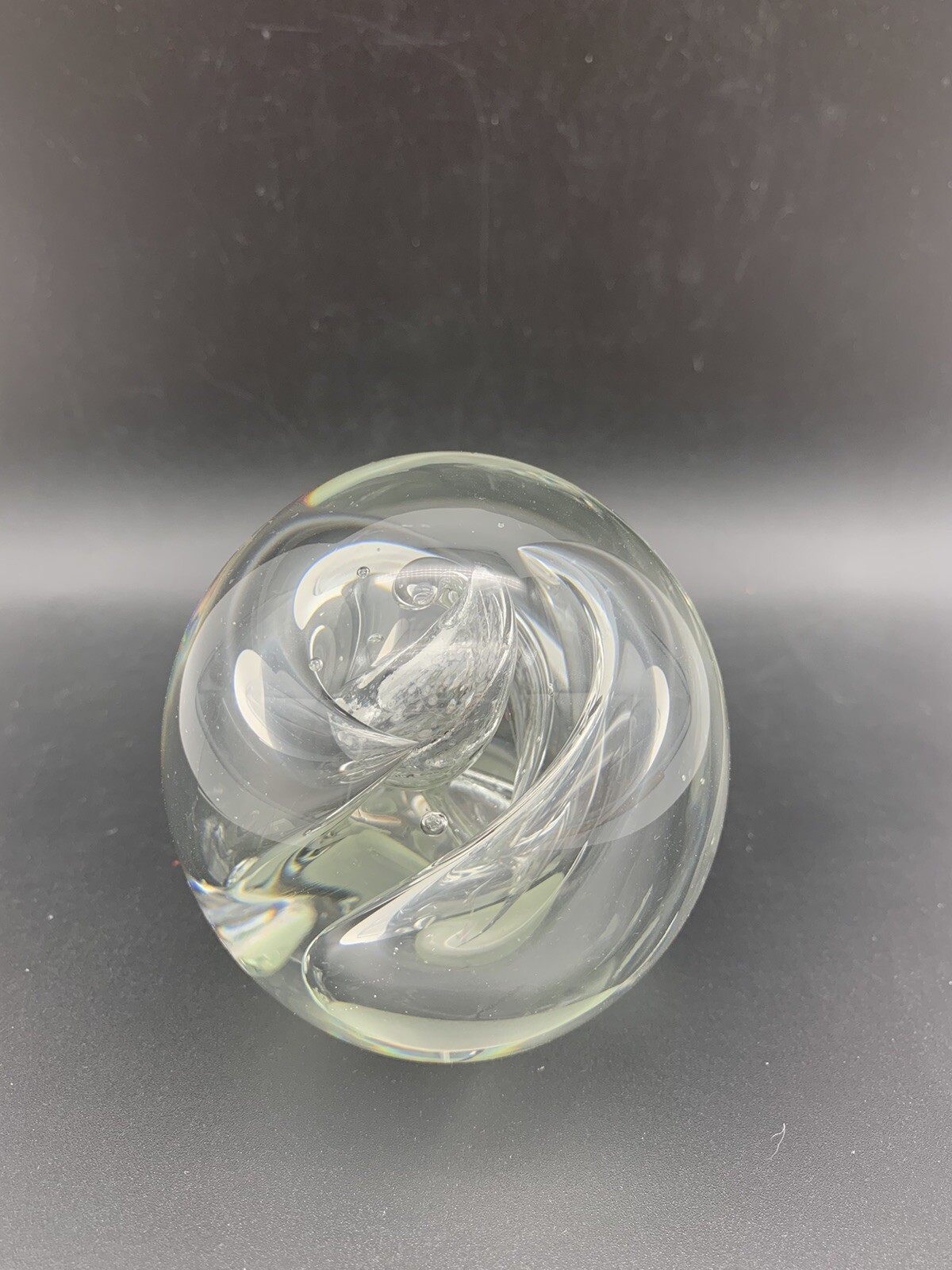 Vintage Paperweight Jim Karg Clear and Dichroic Glass with Bubbles Signed 3”X 3”