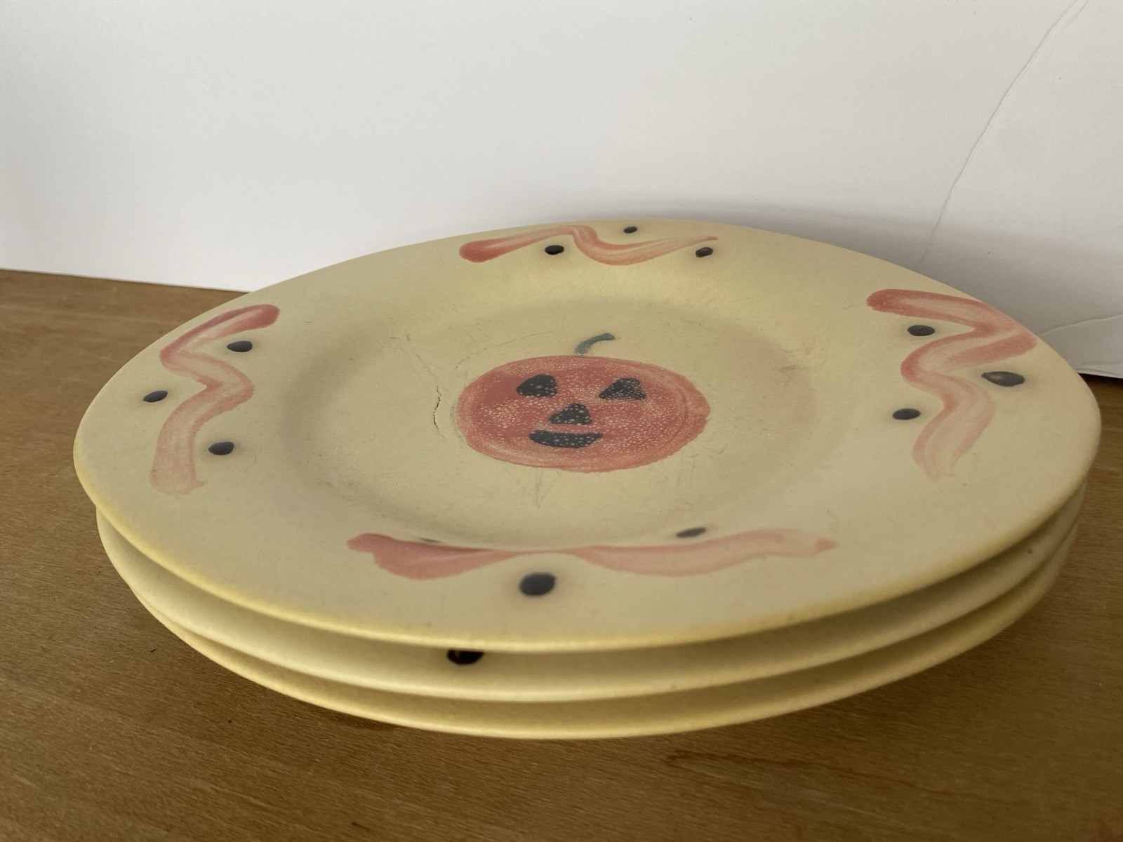 Set Of 3 Pumpkin Plates Studio Pottery Halloween Signed by Ceramic Jean Elton