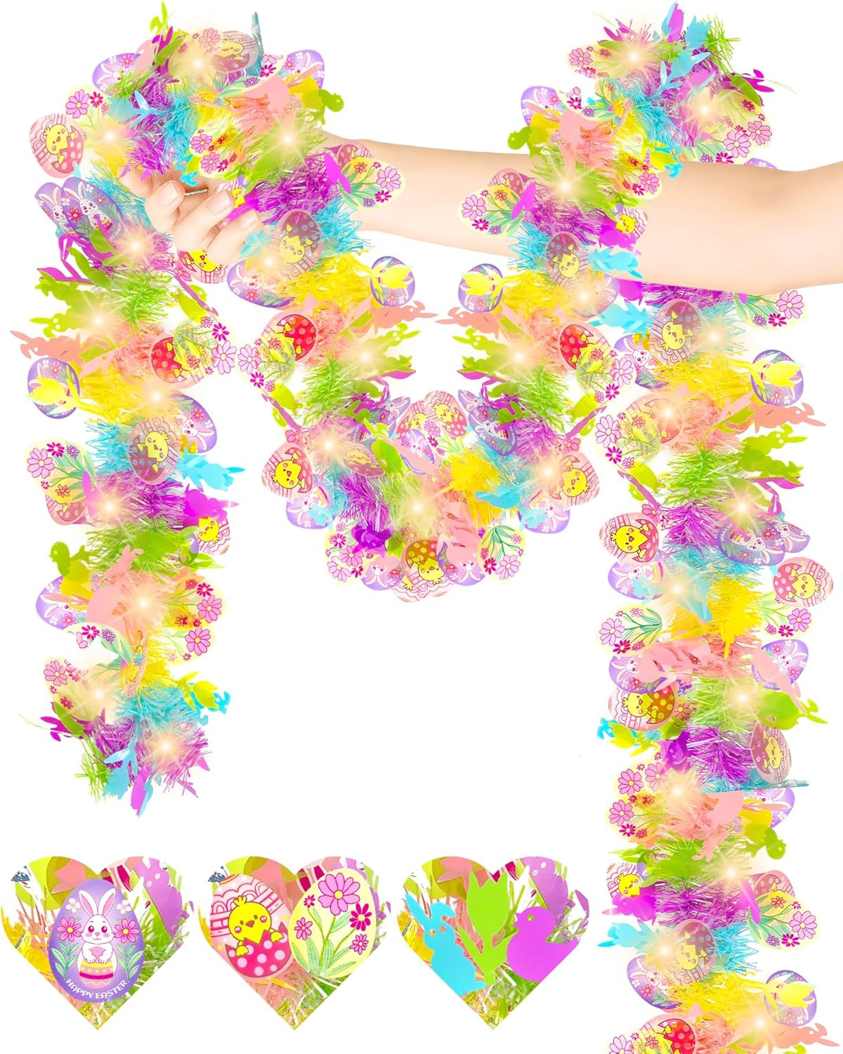 33Ft Easter Light up Tinsel Garland, Easter Decorations with Egg Rabbit Flower C