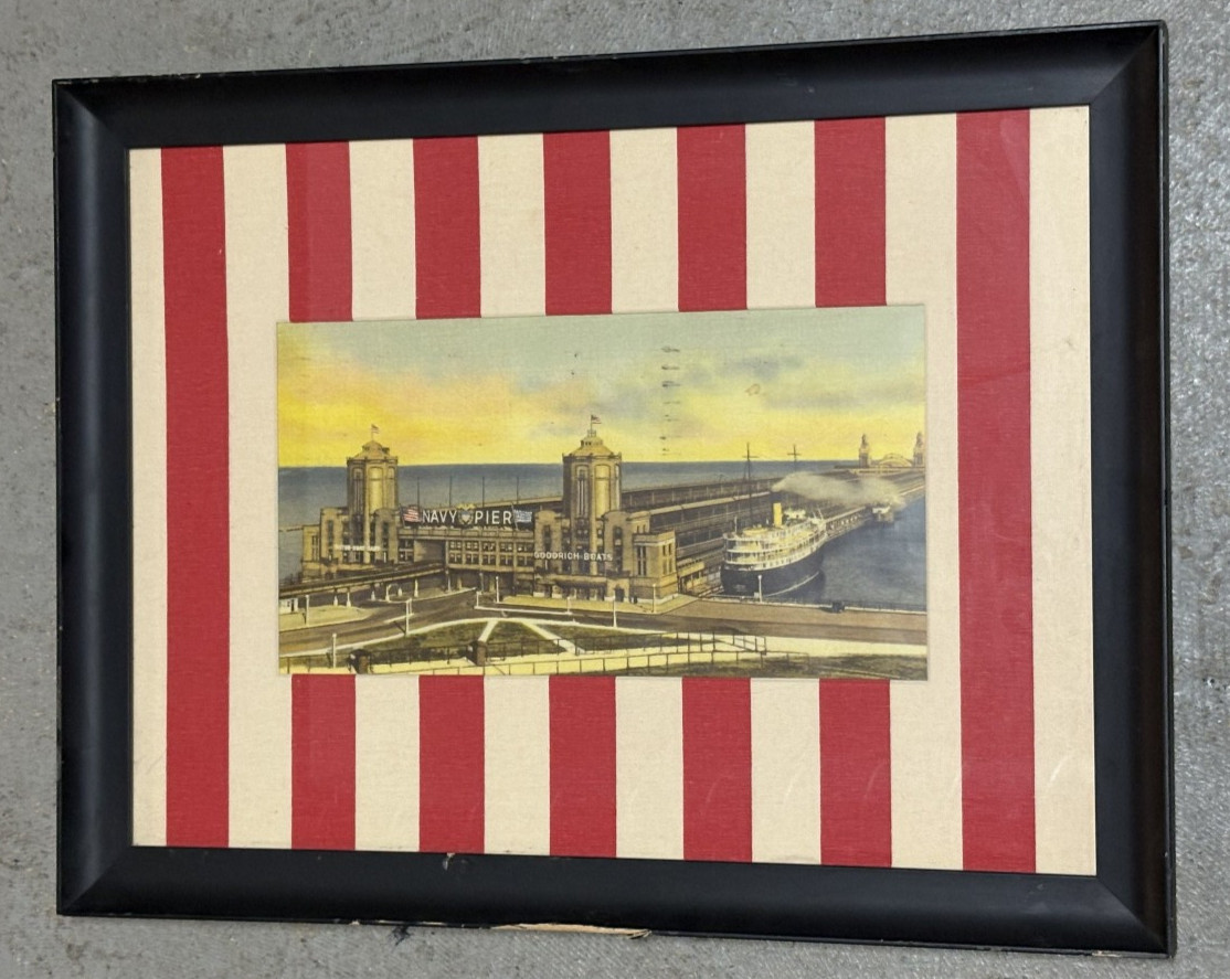 Early 1900's FRAMED MATTED Navy Pier in Chicago Illinois Post Card Art Print