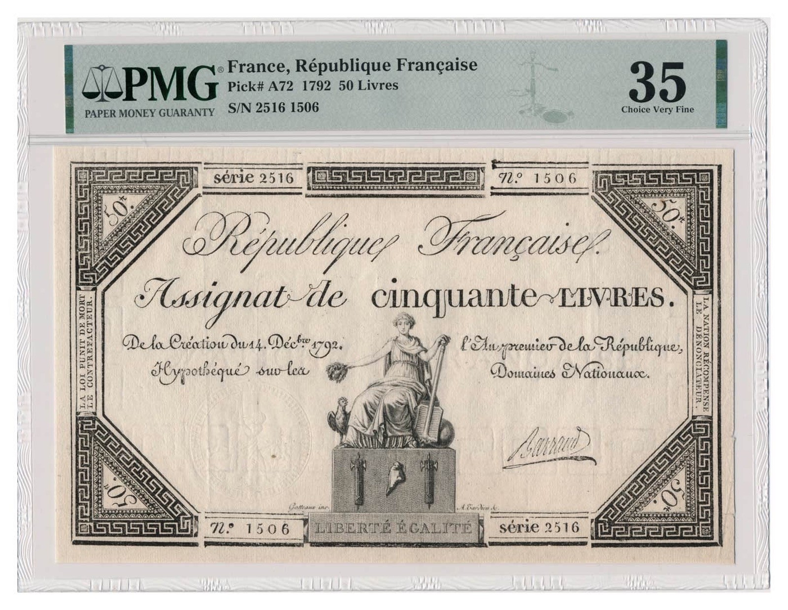 FRANCE banknote 50 Livres 1792 PMG VF 35 Choice Very Fine