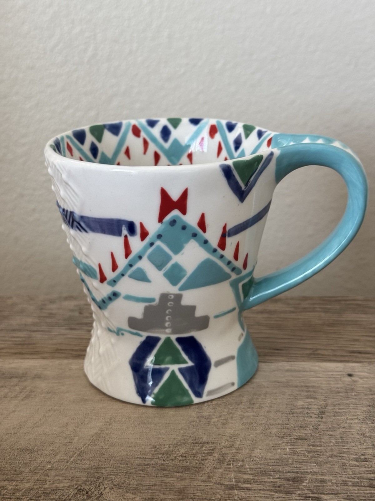 Anthropologie Coffee Mug Hand Painted Multi Colored Cup Teal Red Cream