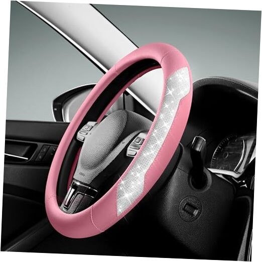  Steering Wheel Cover, Sparkly Crystal Bling Glitter with Leather, Pink