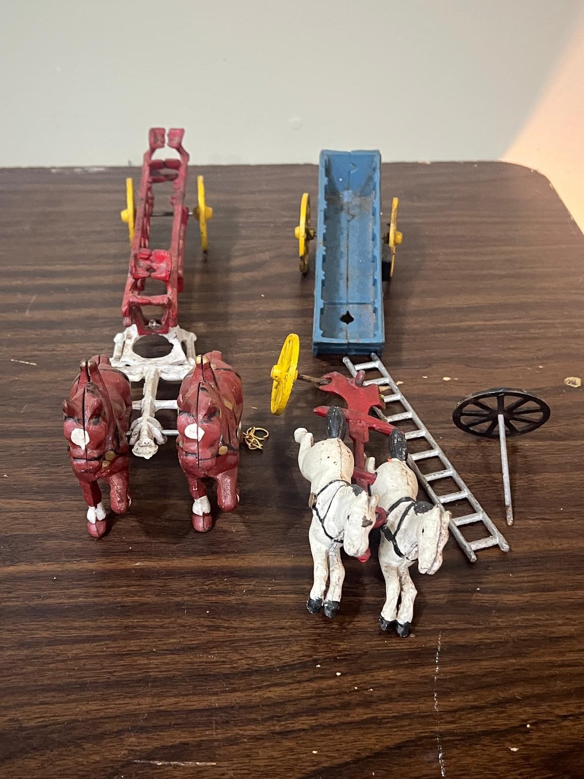 Vintage Lot of 2 Cast Iron Two Horse-Drawn Fire Ladder Wagon Collectible AS IS