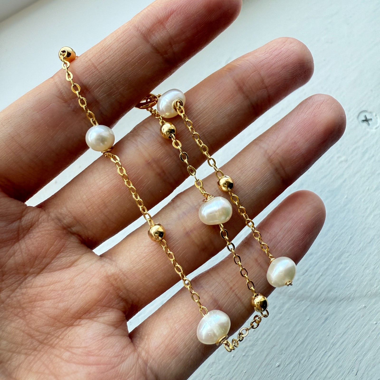 Natural Freshwater Pearl Bracelet Handmade Beaded 14k Gold Plated Chain Jewelry