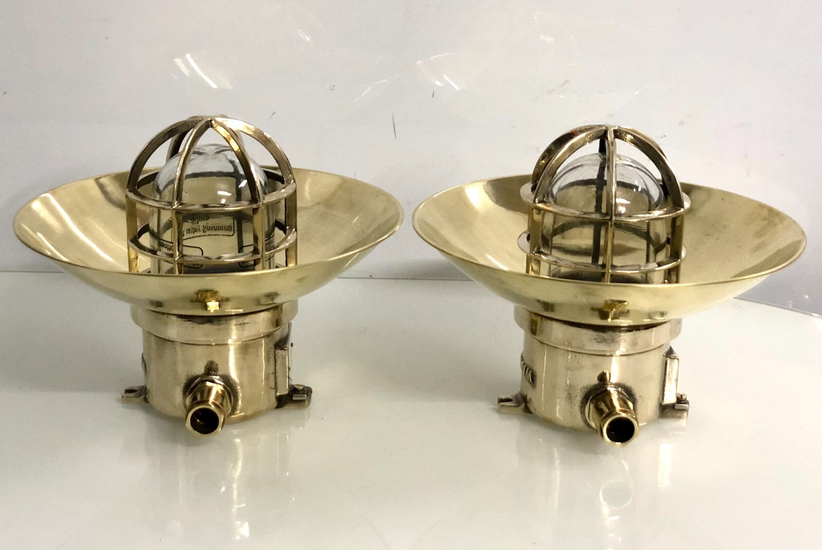 Nautical Ceiling Mount Brass Ship Wiska Cargo Lights with Antique Shade Set of 2