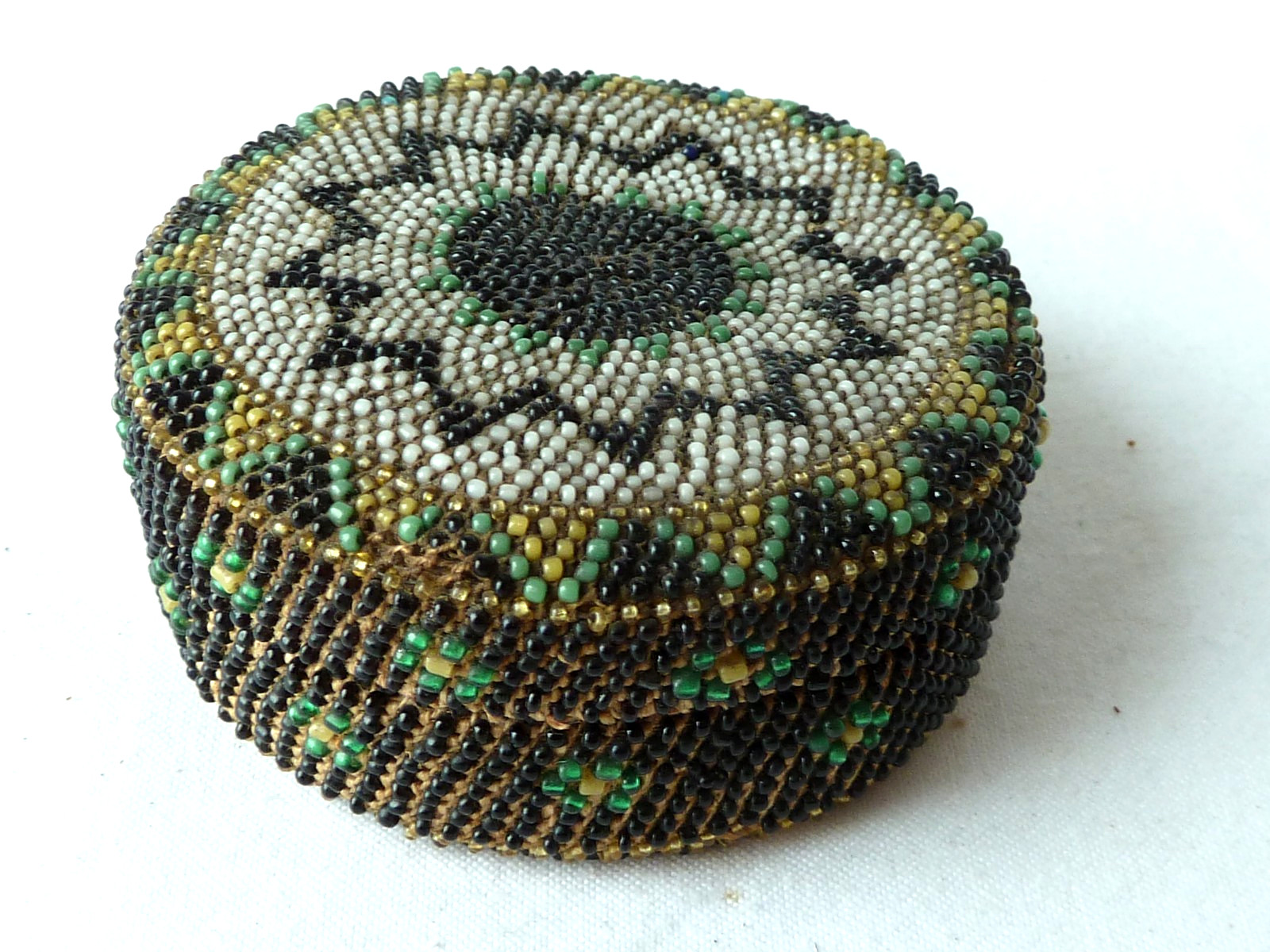 Bead Work Round Lidded Box Beaded Leather Skin Native American Antique