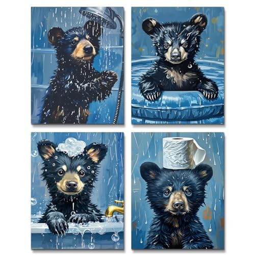 Funny Bear Art Poster,Boys Room Animal Aesthetics Blue Bathroom Wall Art Prints