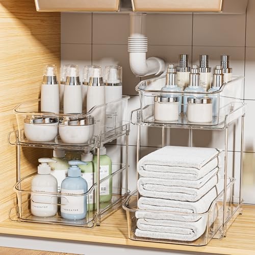  2-Tier Under Sink Organizers and Storage, Multi-Purpose Stackable 2 Pack Clear