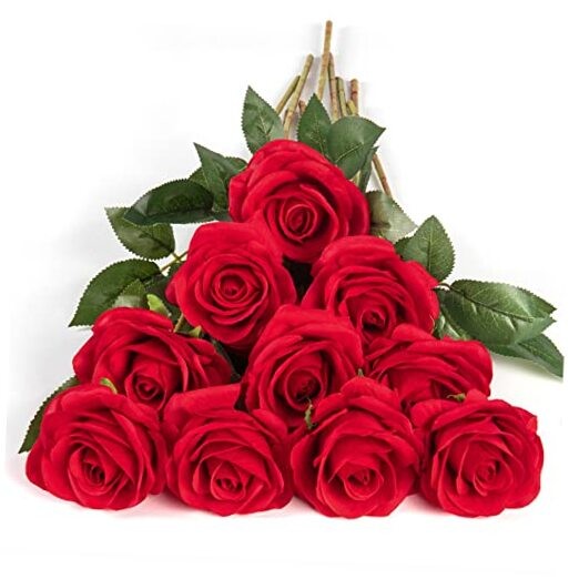  10pcs Fake Roses Artificial Silk Flowers Faux Rose Flower Long Stems Red