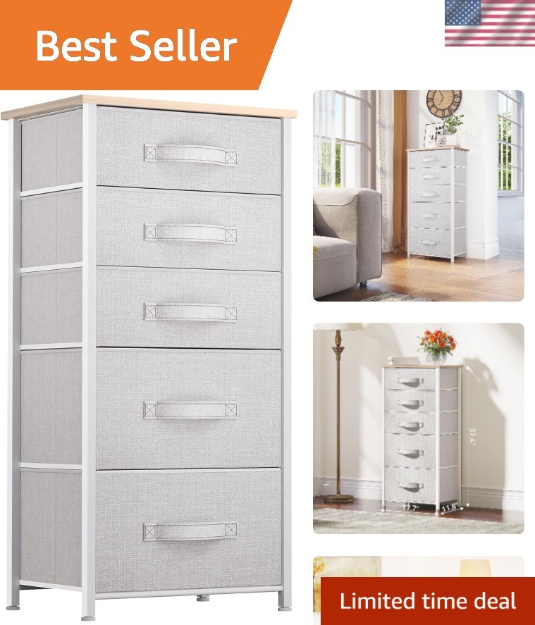 Tall 5 Drawer Dresser - Fabric Storage Tower, Organizer Unit for Bedroom, Liv...