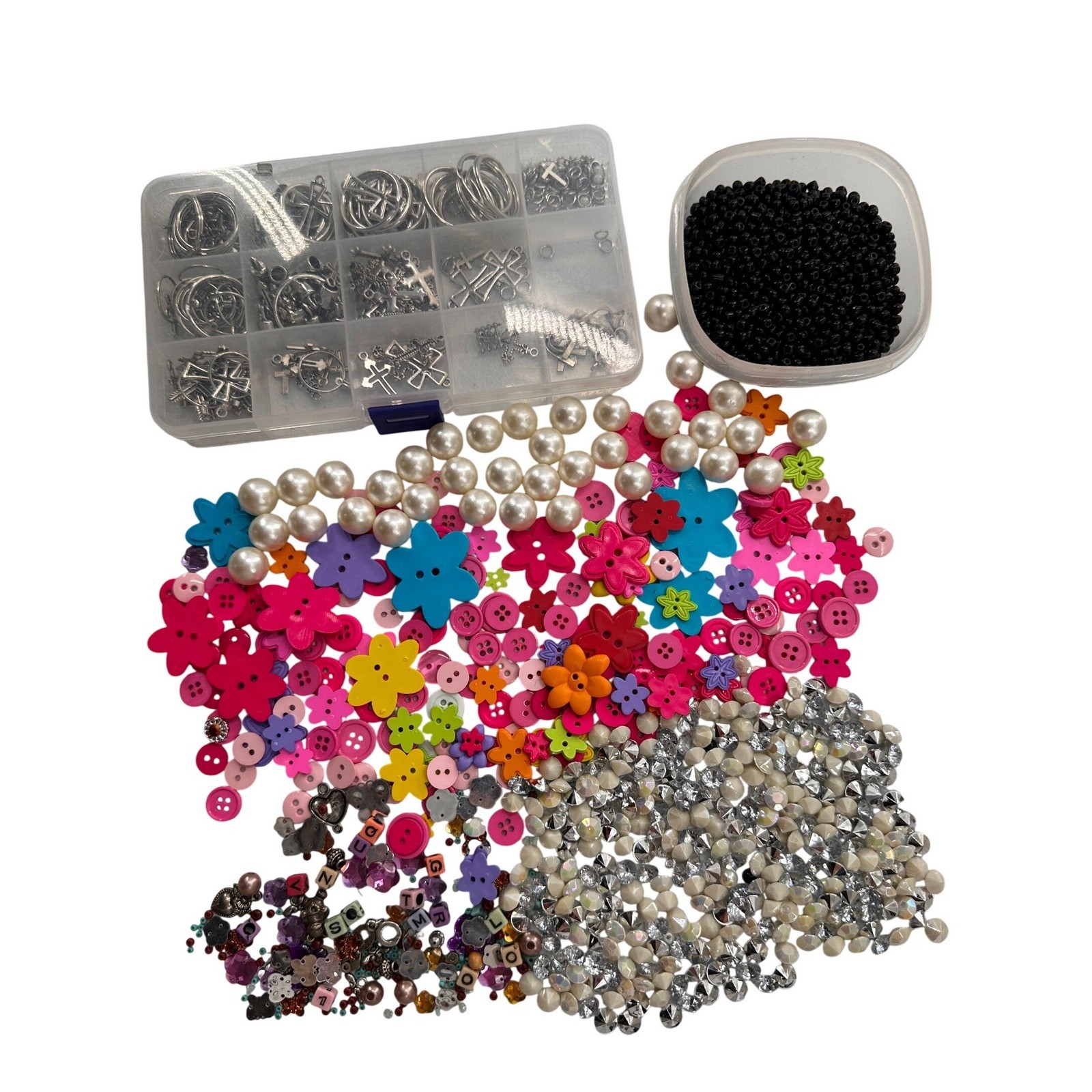 Mixed Jewelry Making Craft Lot Silver Charms Crosses Buttons Pearls Rhinestones