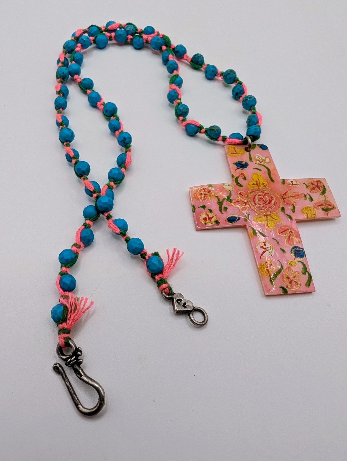 Faceted Turquoise Bead Necklace Hand Painted MOP Cross Pendant CL 925 17"