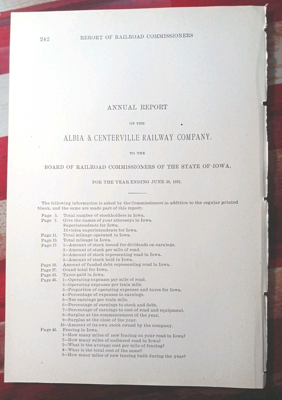 1891 IOWA Railroad Report ALBIA & CENTERVILLE RAILWAY 10 pages Of Information 