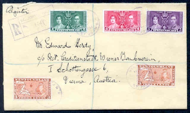 NEWFOUNDLAND 1937 REG TO AUSTRIA