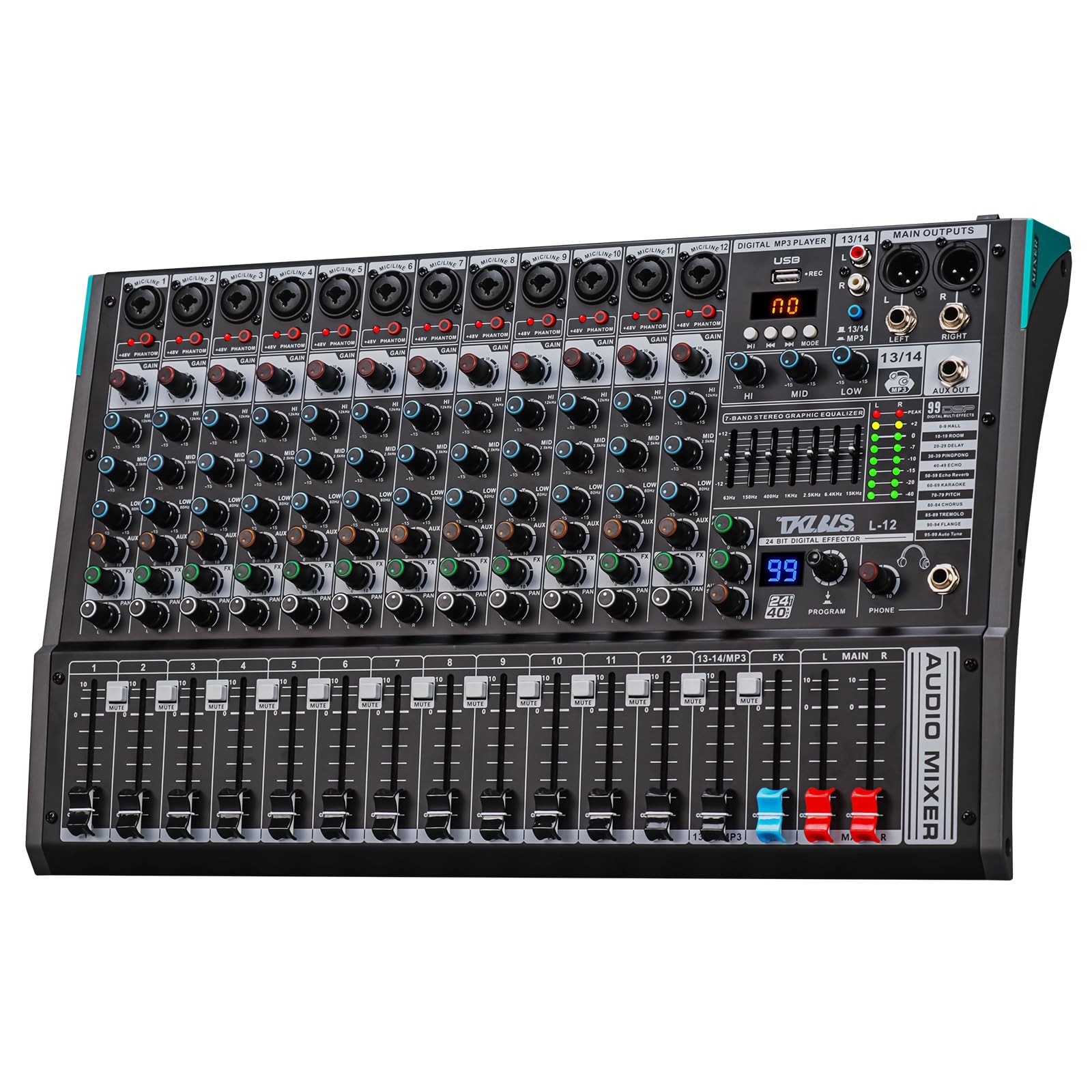 DJ Mixer, Professional 12 Channel Audio Mixer Board with 99-Bit DSP, Sound Bo...