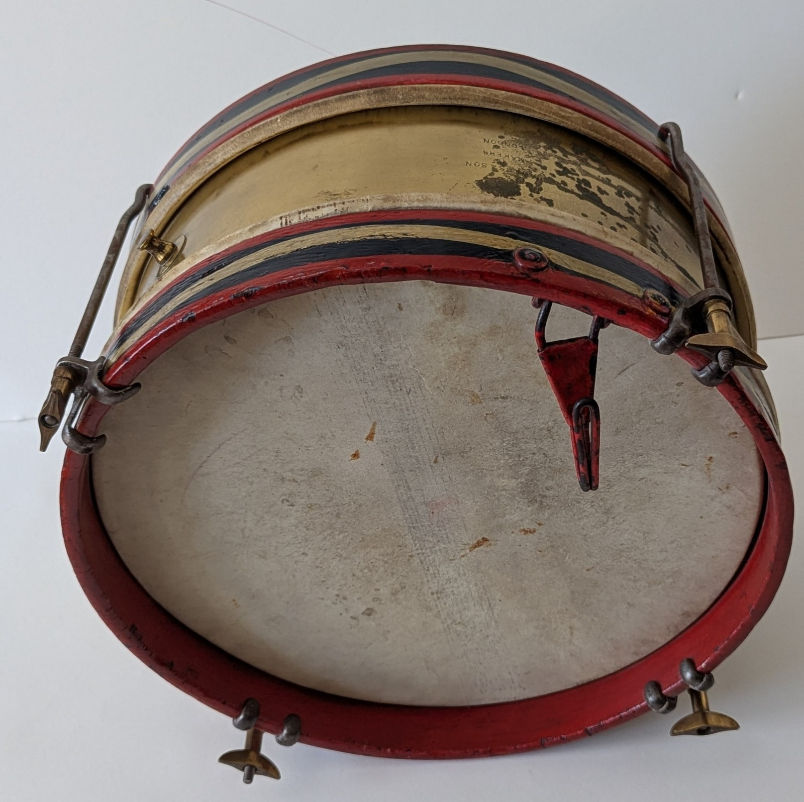 Antique British Military Snare Drum Marching 14" by 7.5" Tall Hawkes Brass Sign