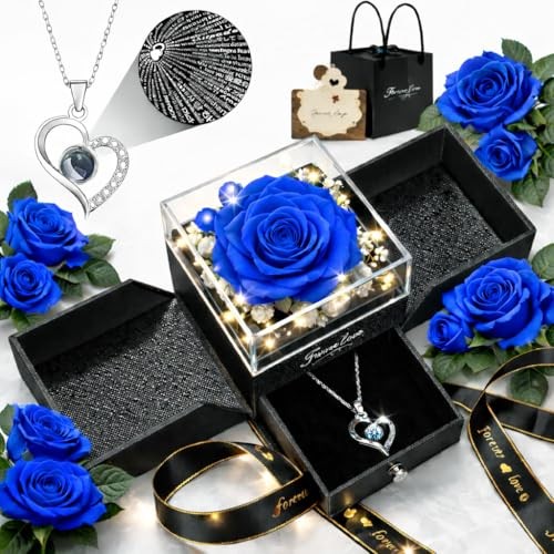 Preserved Rose Gift Box with Heart Necklace for Women, I Love You in 100 