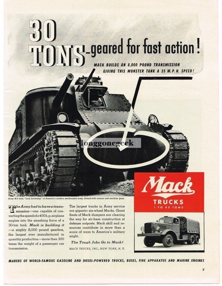 1941 Mack Trucks US Army M-3 Tank Vintage Print Ad 
