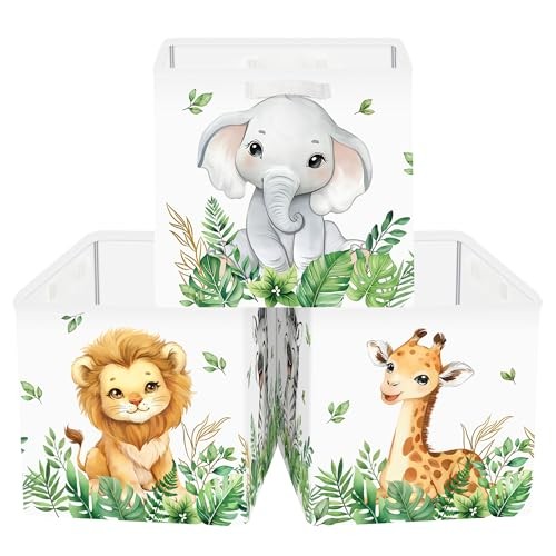 11.8" Jungle Animals Cube Storage Organizer Set 3Pcs Lion Giraffe Green Plant