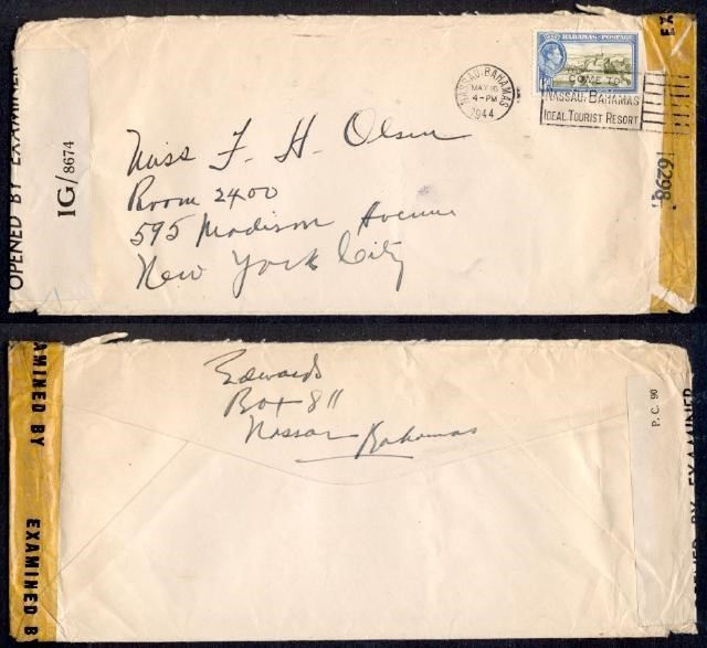 BAHAMAS 1944 DOUBLE CENSOR TO USA