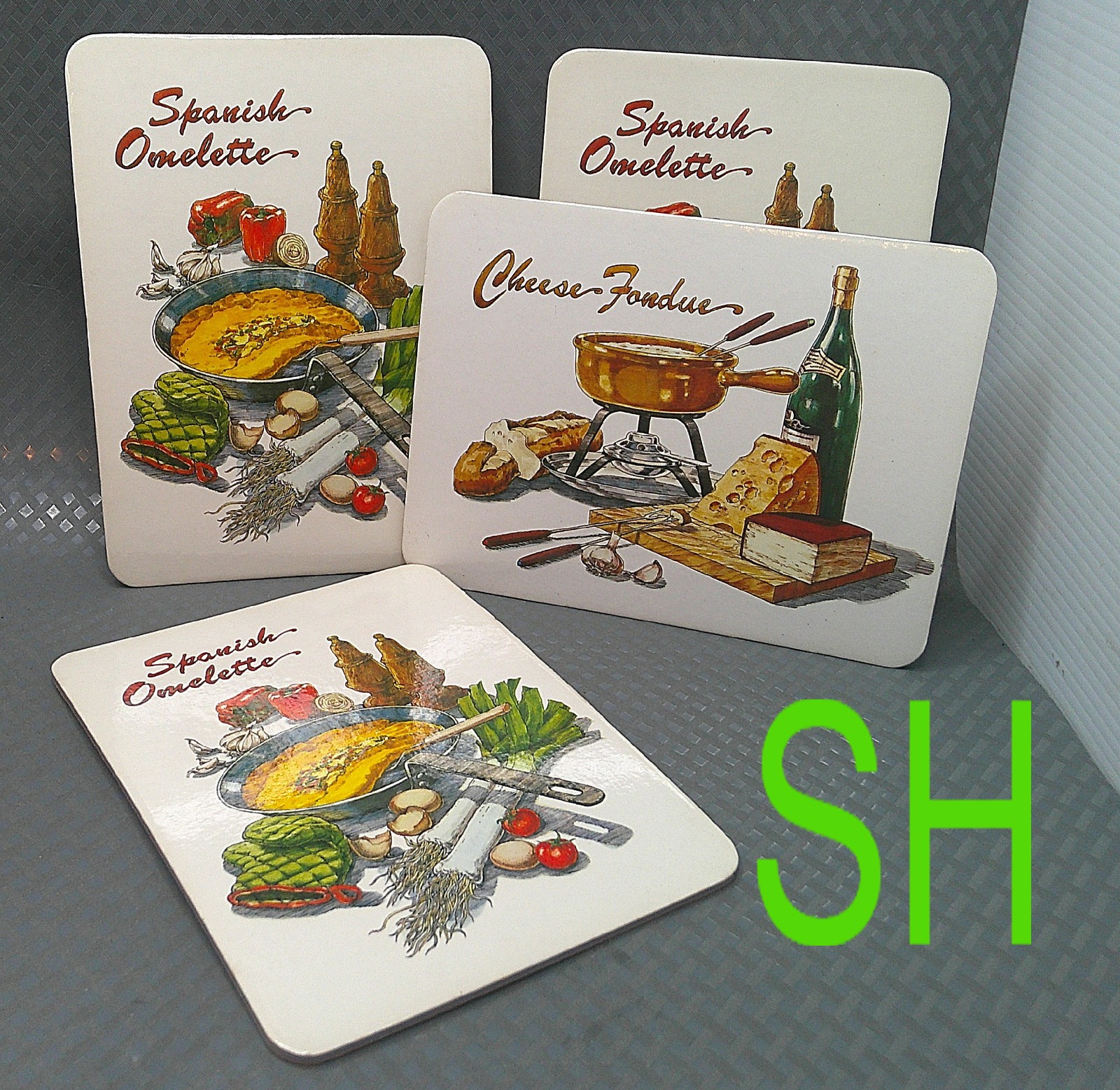 4 Vintage Cork Tile Trivet Spanish Omelet Cheese Fondue Illustrations Japan