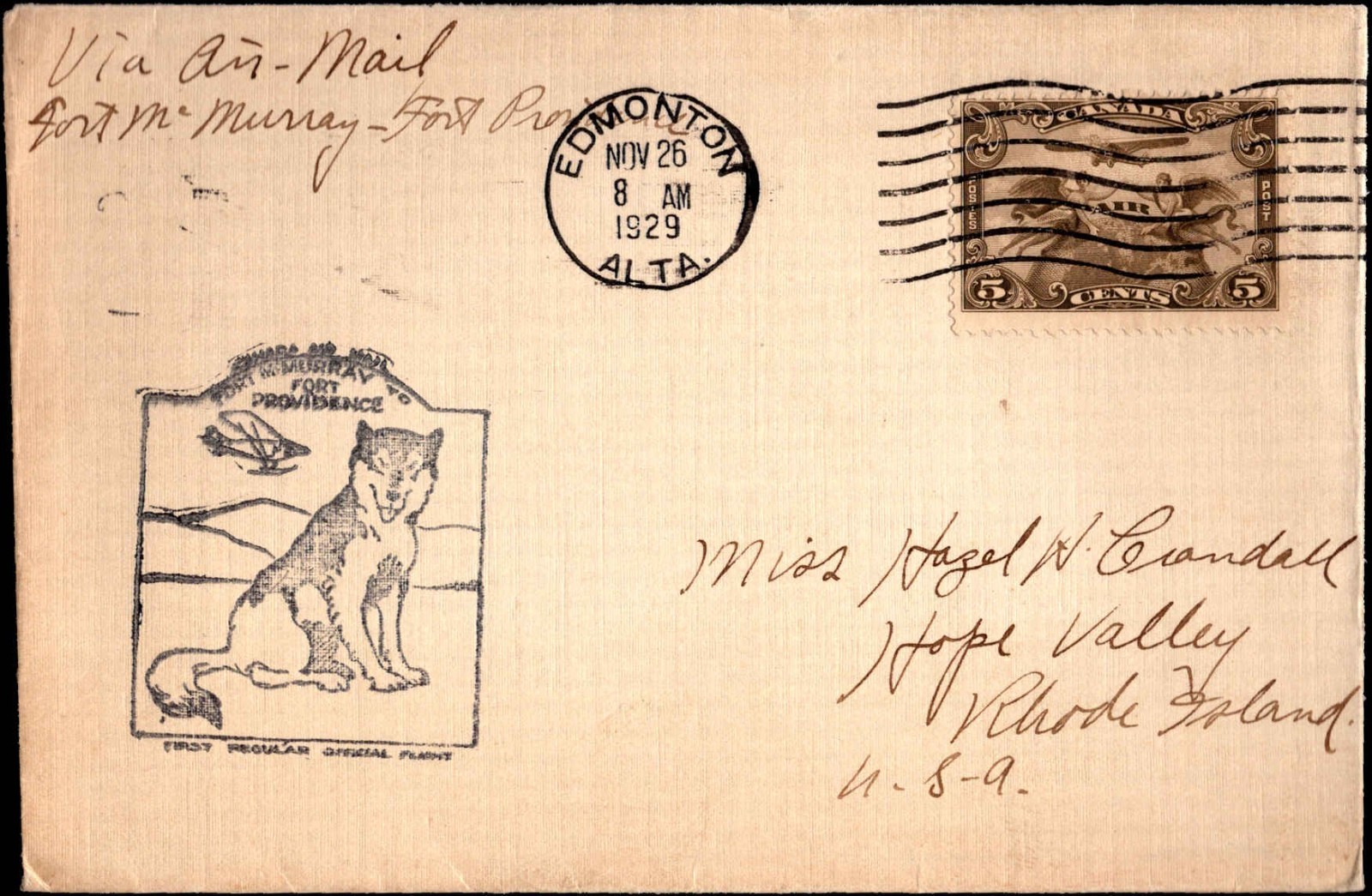 1929 Canada Fort Providence Fort McMurray First Official Airmail Cover