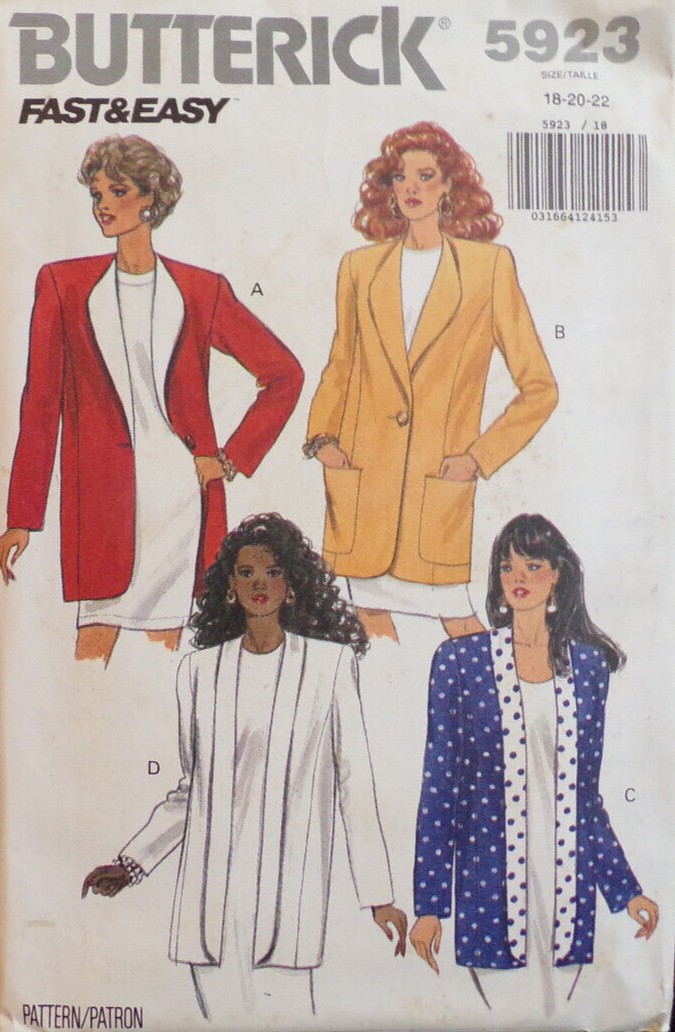 Butterick Sewing Pattern 5923 Misses Jacket Unlined Loose 4 Styles Size 18-22 UC