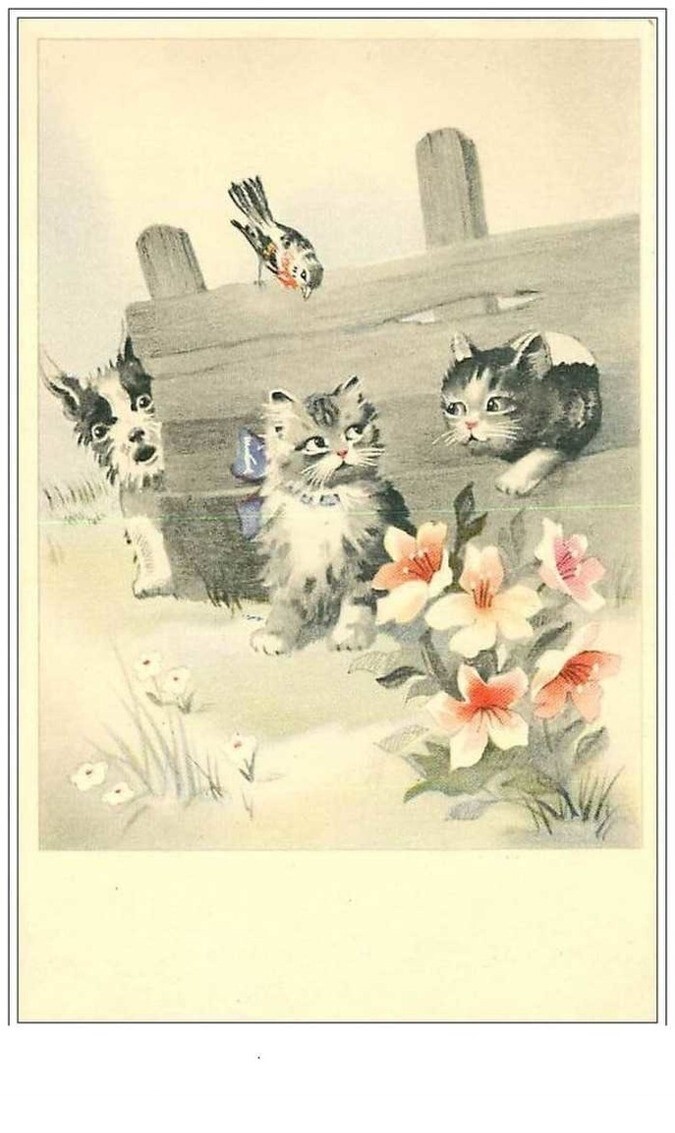 Cats No. 1300 Kittens And Dog Around A Gray Barrier