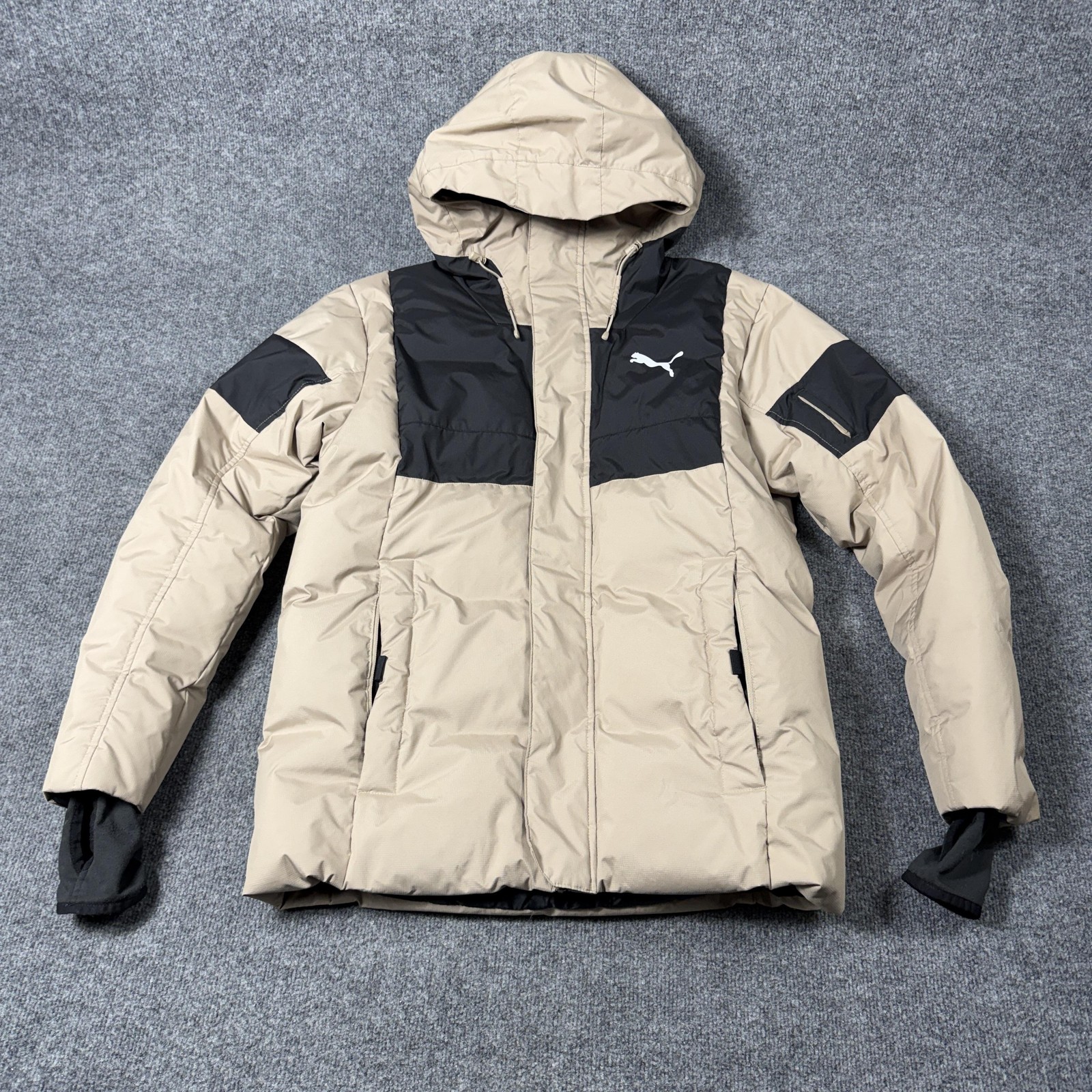 Puma Jacket Mens Medium Beige Hooded Down Puffer Full Zip Ski Outdoor Winter