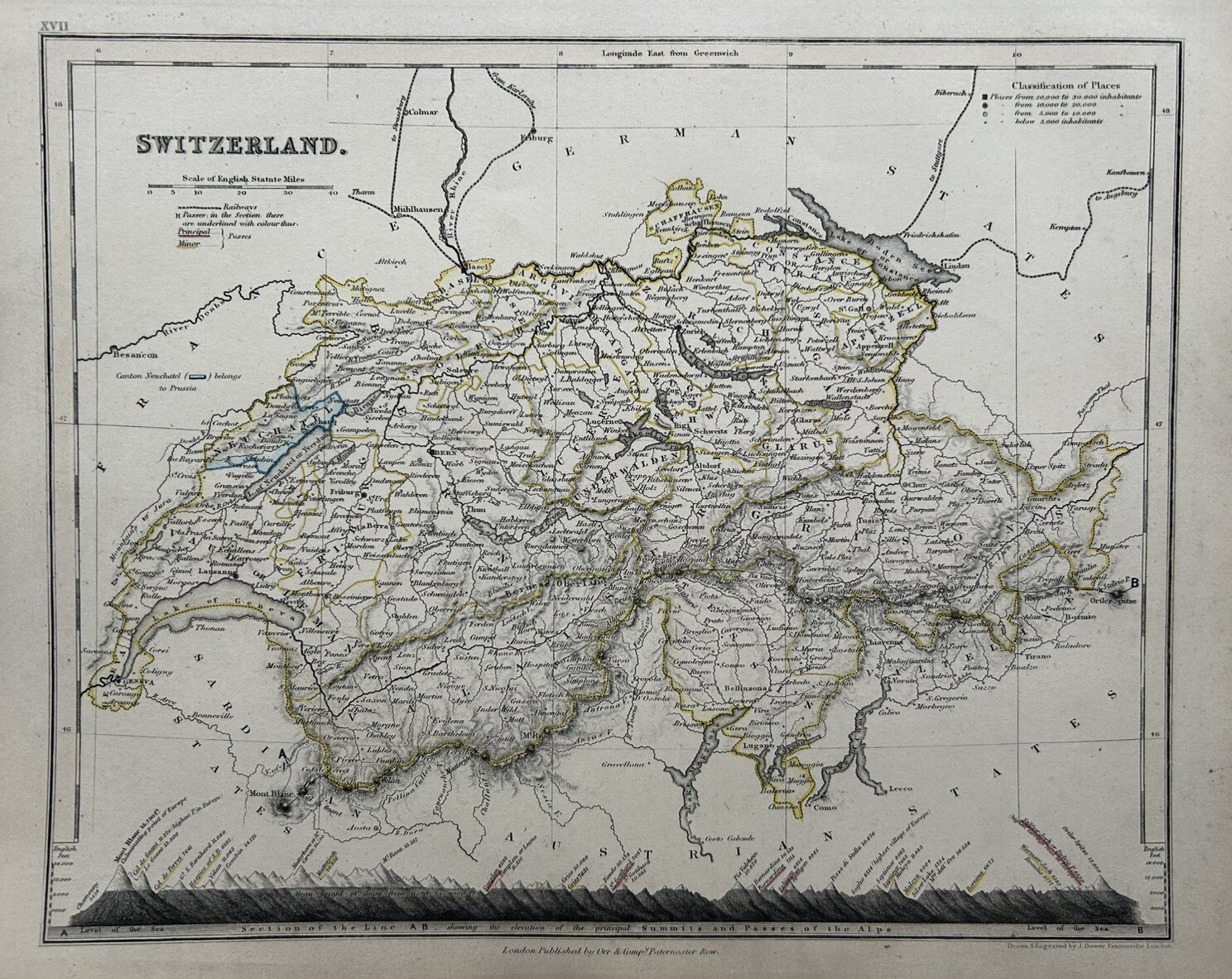 1850 Switzerland Hand Coloured Antique Map By John Dower Showing Mountains